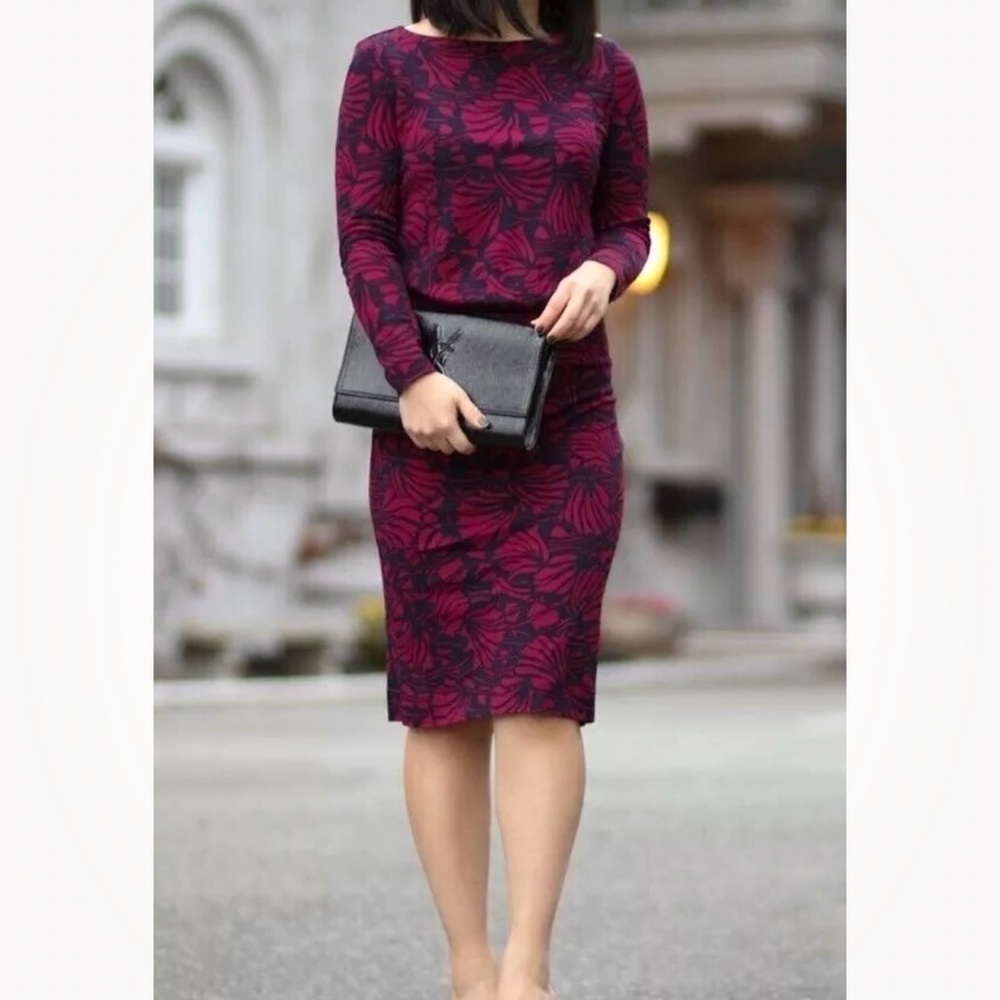 Tory Burch Fuchsia& Navy Blue Floral Print Long Sleeve Etta Sheath Shift Dress S